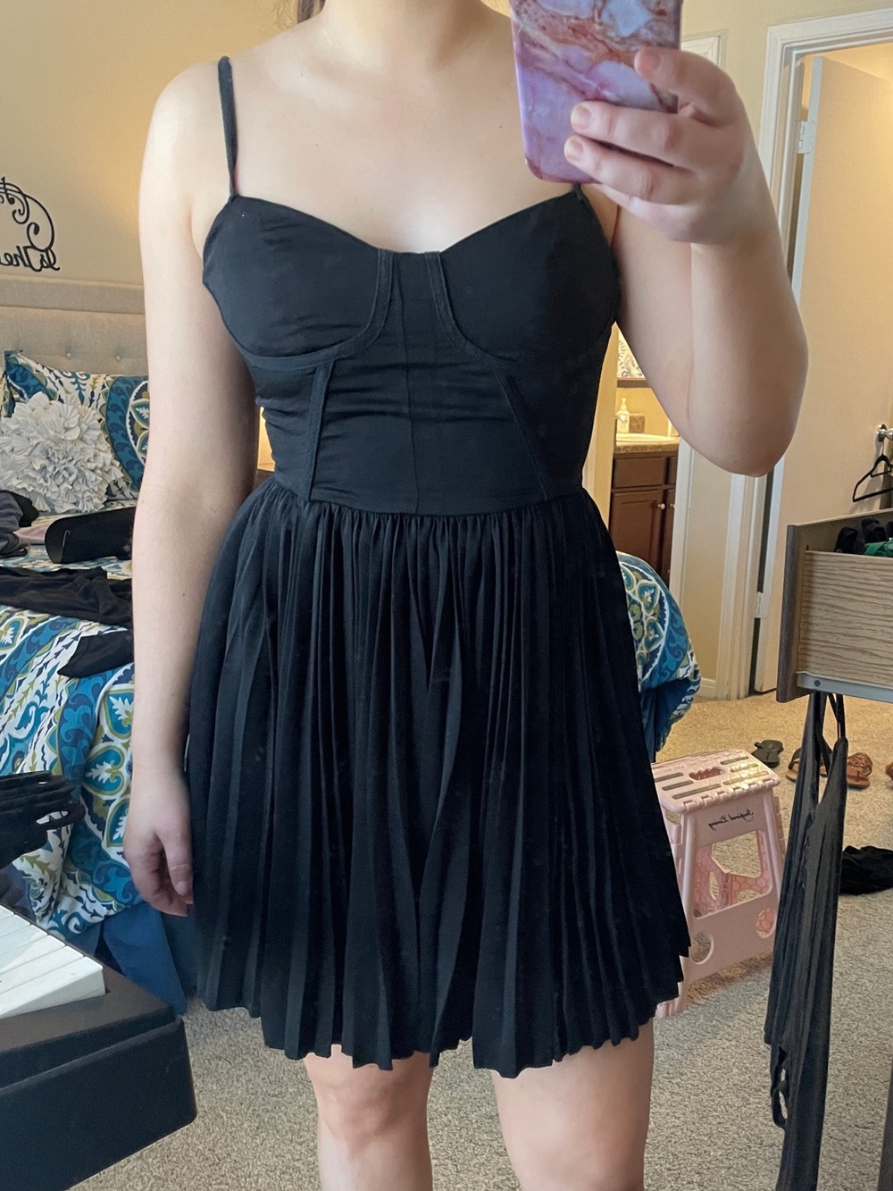 Greylin Black Spaghetti-Strap Pleated Mini Dress